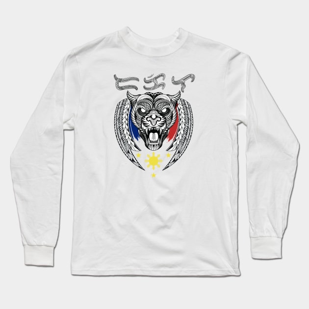 Tribal line Art Tiger / Baybayin word Dakila (Noble/Great) Long Sleeve T-Shirt by Pirma Pinas